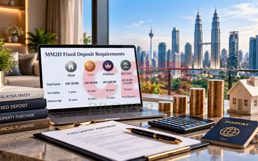 Malaysia MM2H fixed deposit requirements with financial documents and Kuala Lumpur skyline