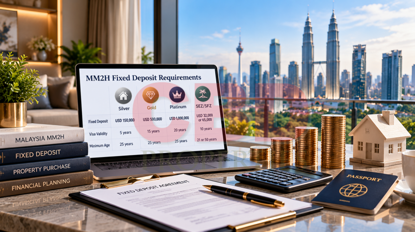 Malaysia MM2H fixed deposit requirements with financial documents and Kuala Lumpur skyline
